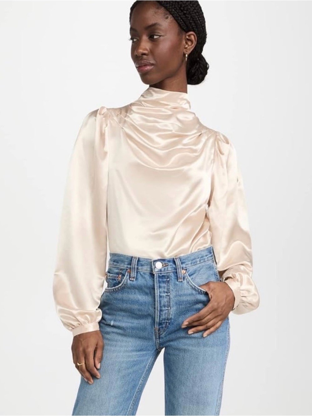 Line & Dot Satin High-Neck Blouse in Champagne